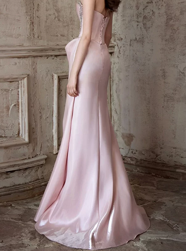 Mermaid Ruched Strapless Beading Pink Prom Dress