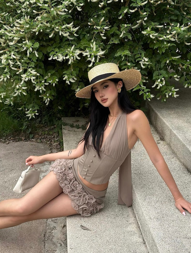 flower embellished mini skirt in Khaki