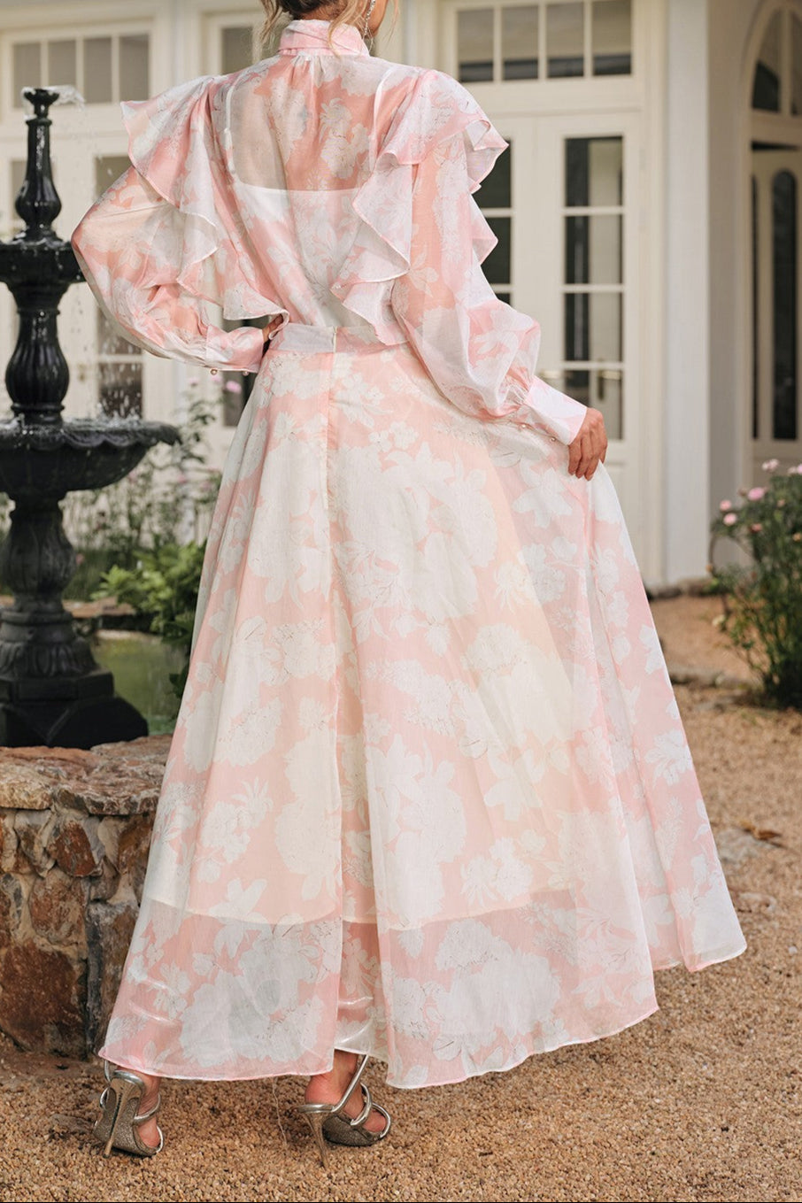 amanda High Neck Floral Organza Blouse maxi skirt set in pink