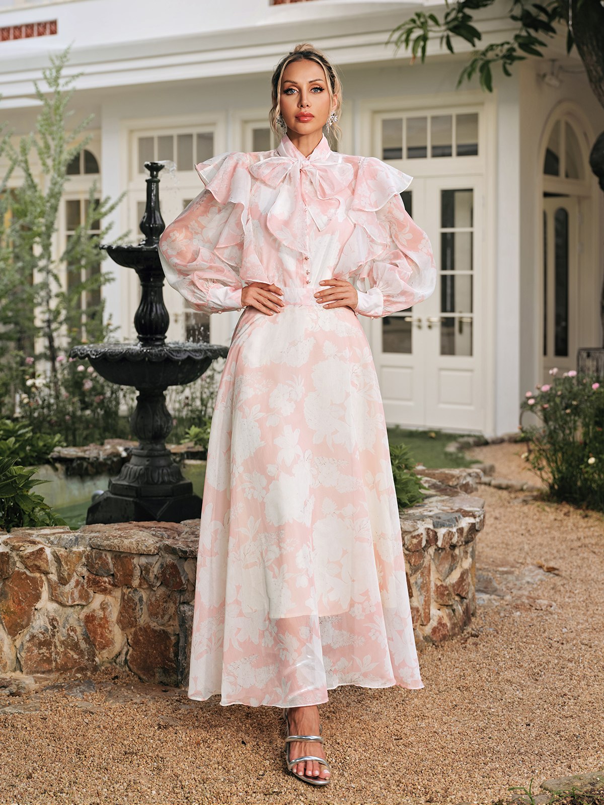 amanda High Neck Floral Organza Blouse maxi skirt set in pink