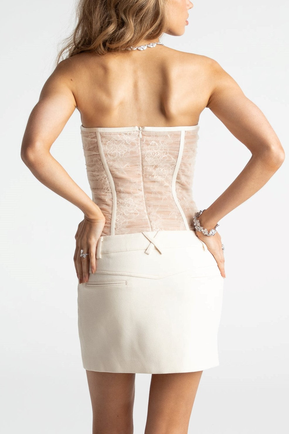 Rolyn Ruched Mesh Strapless Mini Dress - White