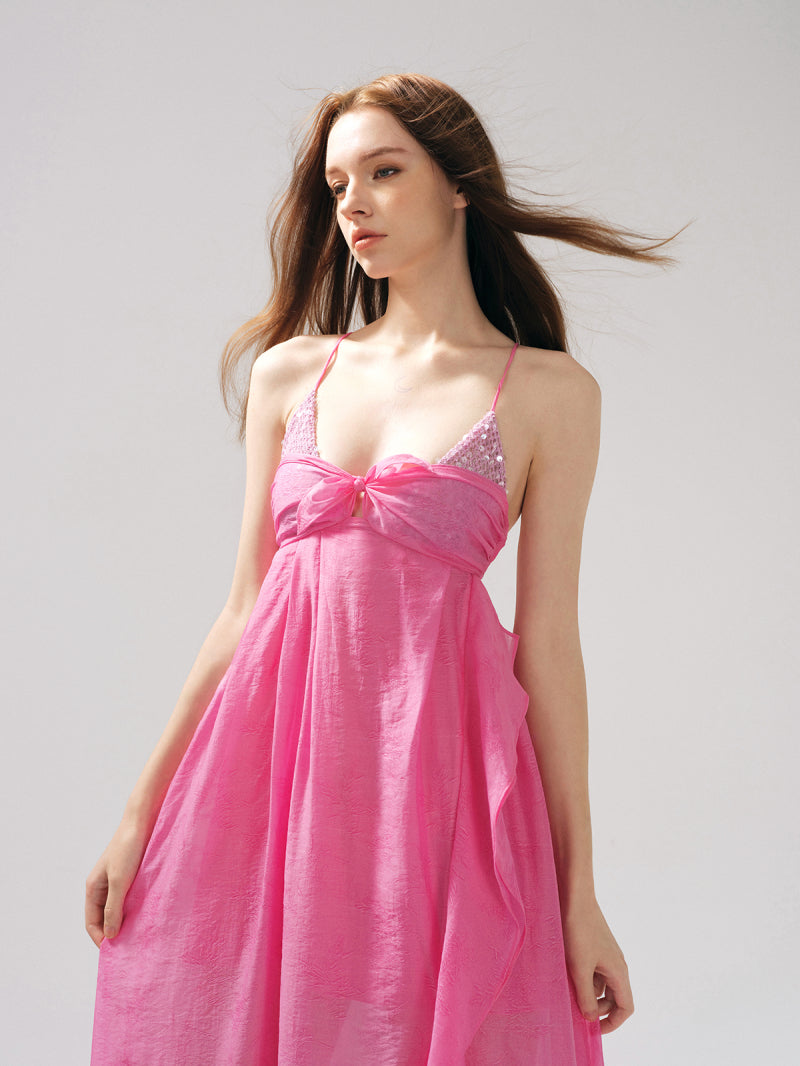 Rose Jacquard Patchwork Asymmetric Ruffle Tailored Dress