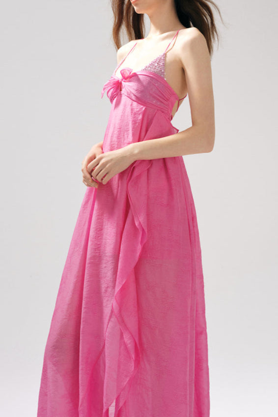 Rose Jacquard Patchwork Asymmetric Ruffle Tailored Dress