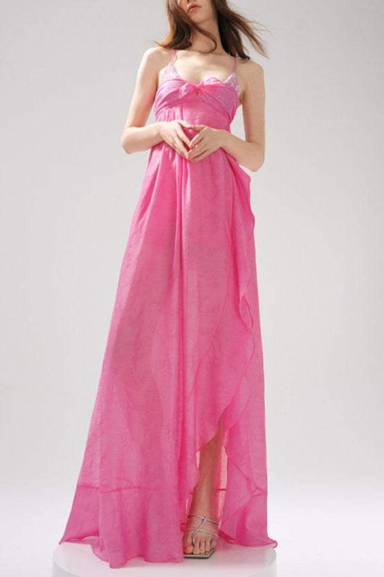 Rose Jacquard Patchwork Asymmetric Ruffle Tailored Dress