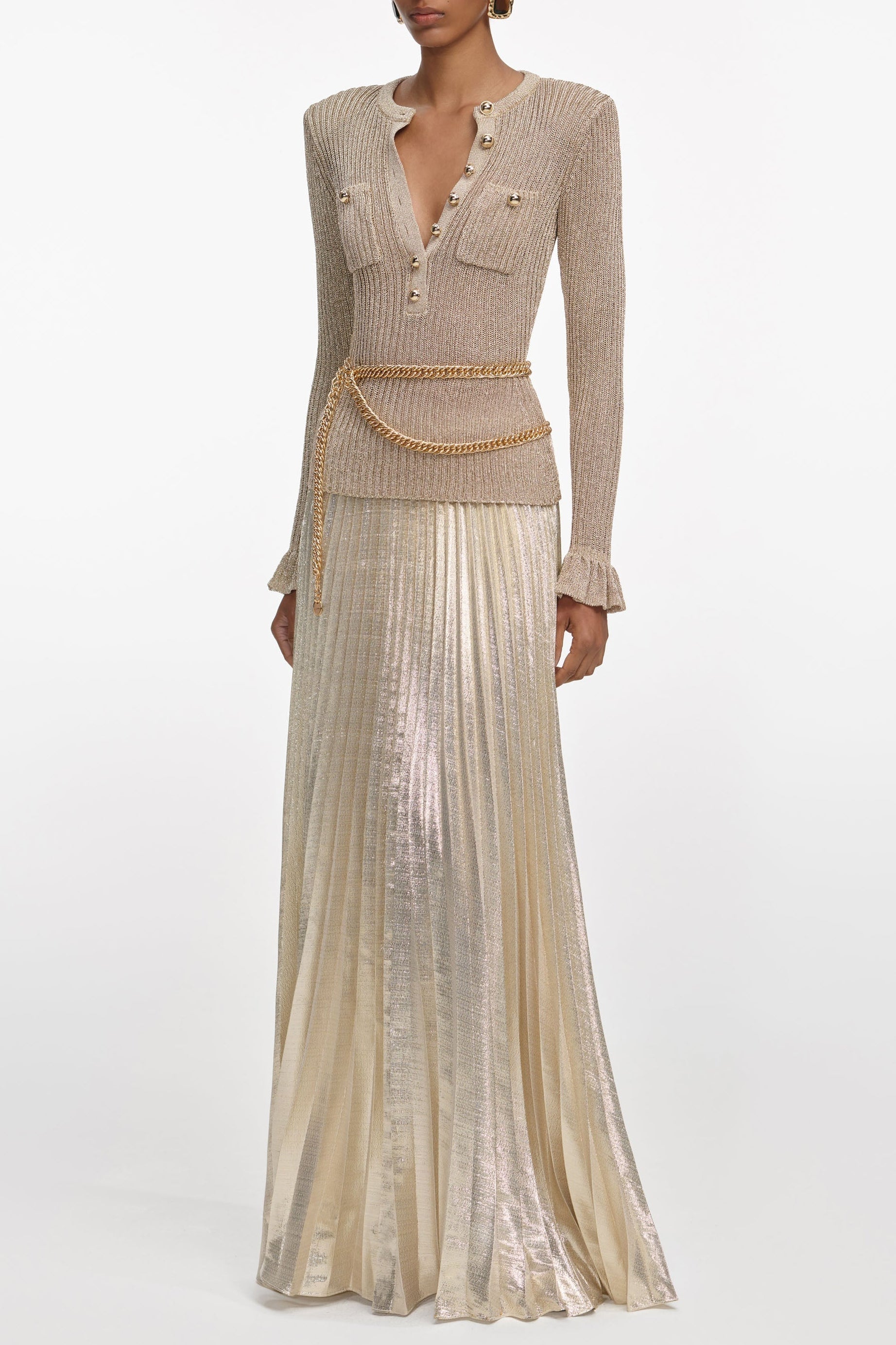 ellen Gold Lurex Ribbed Knit Maxi Dress