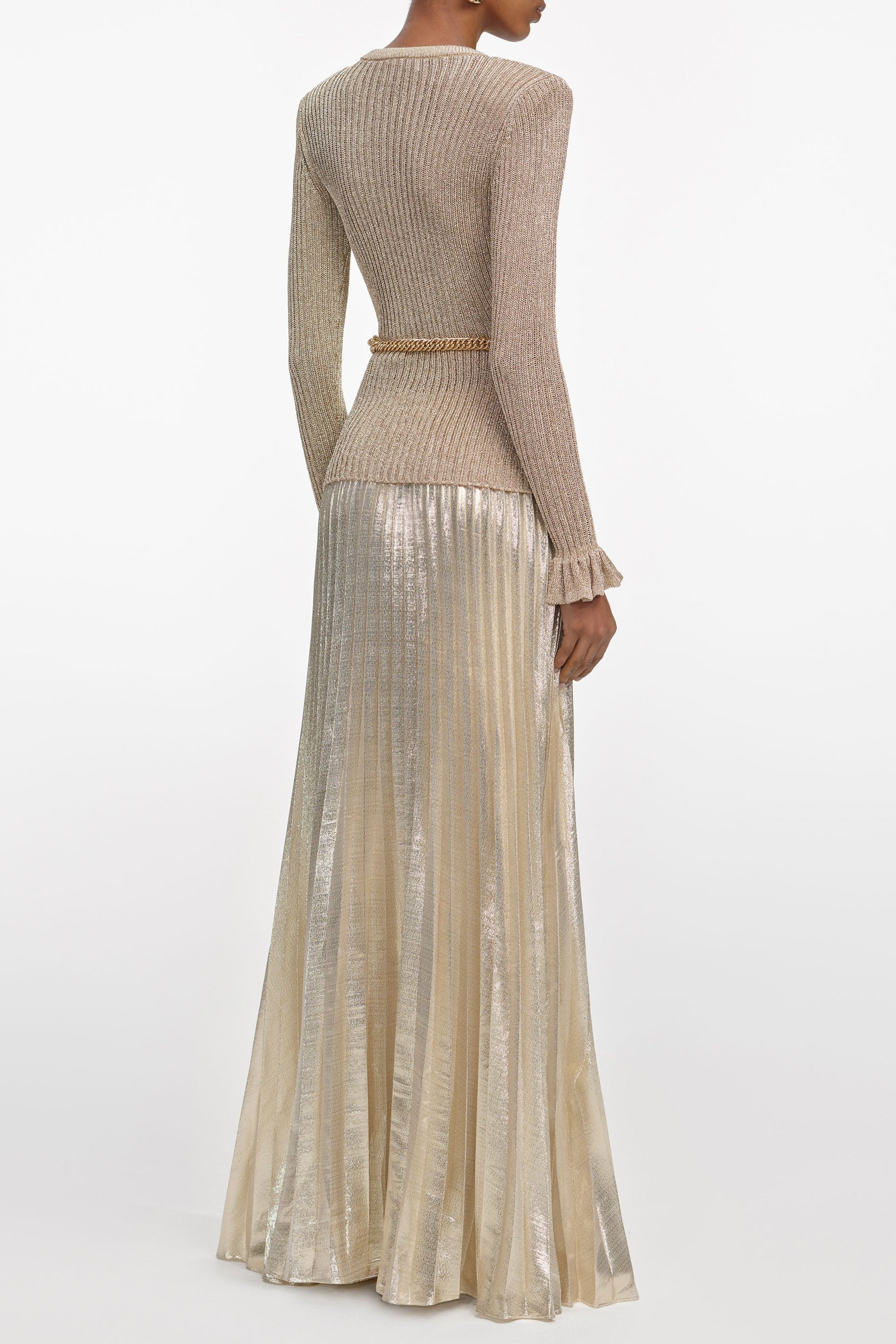 ellen Gold Lurex Ribbed Knit Maxi Dress