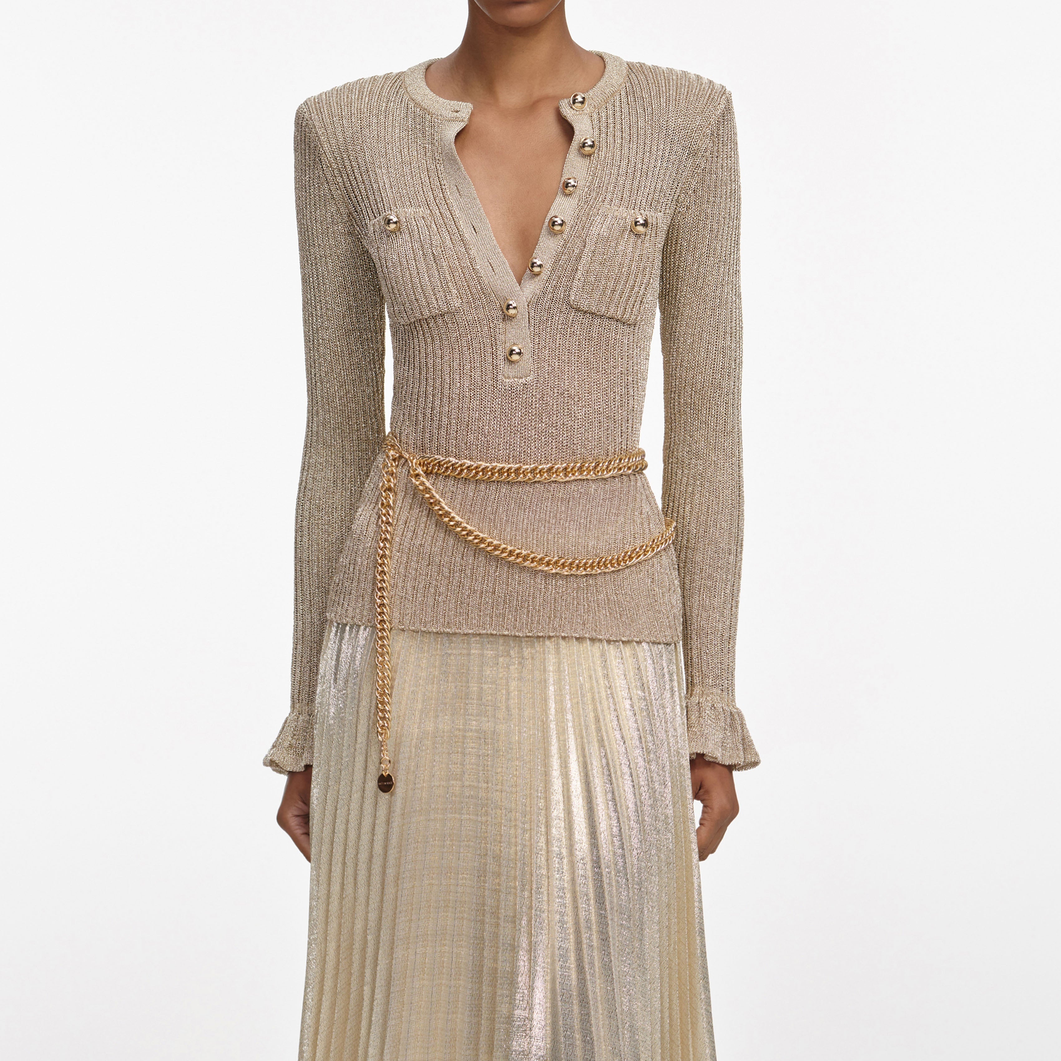 ellen Gold Lurex Ribbed Knit Maxi Dress