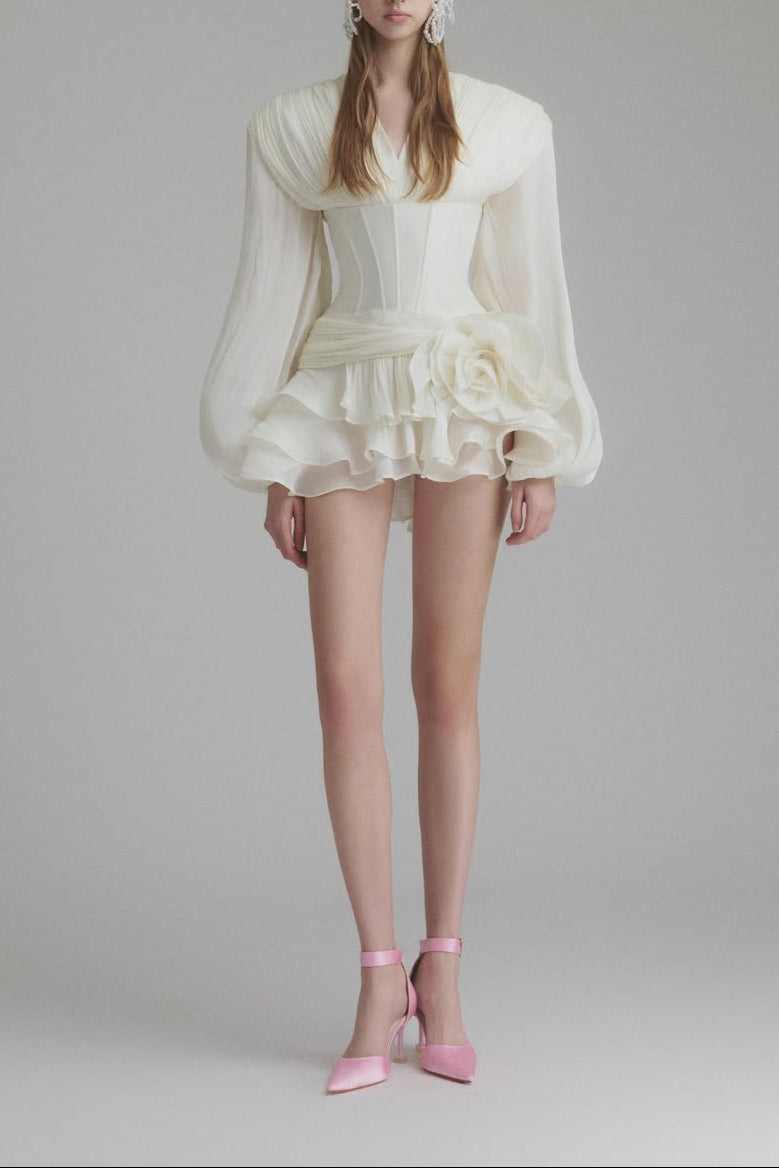 Flower Coastal Mini Dress In ivory