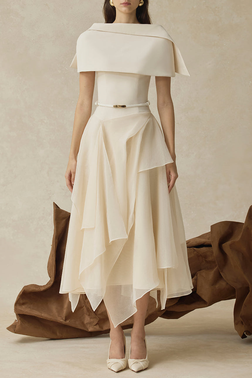 kelly beige Cape Sleeve Ruffle Midi Dress with belt