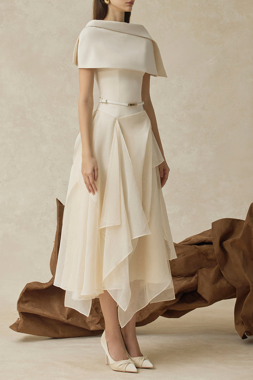 kelly beige Cape Sleeve Ruffle Midi Dress with belt