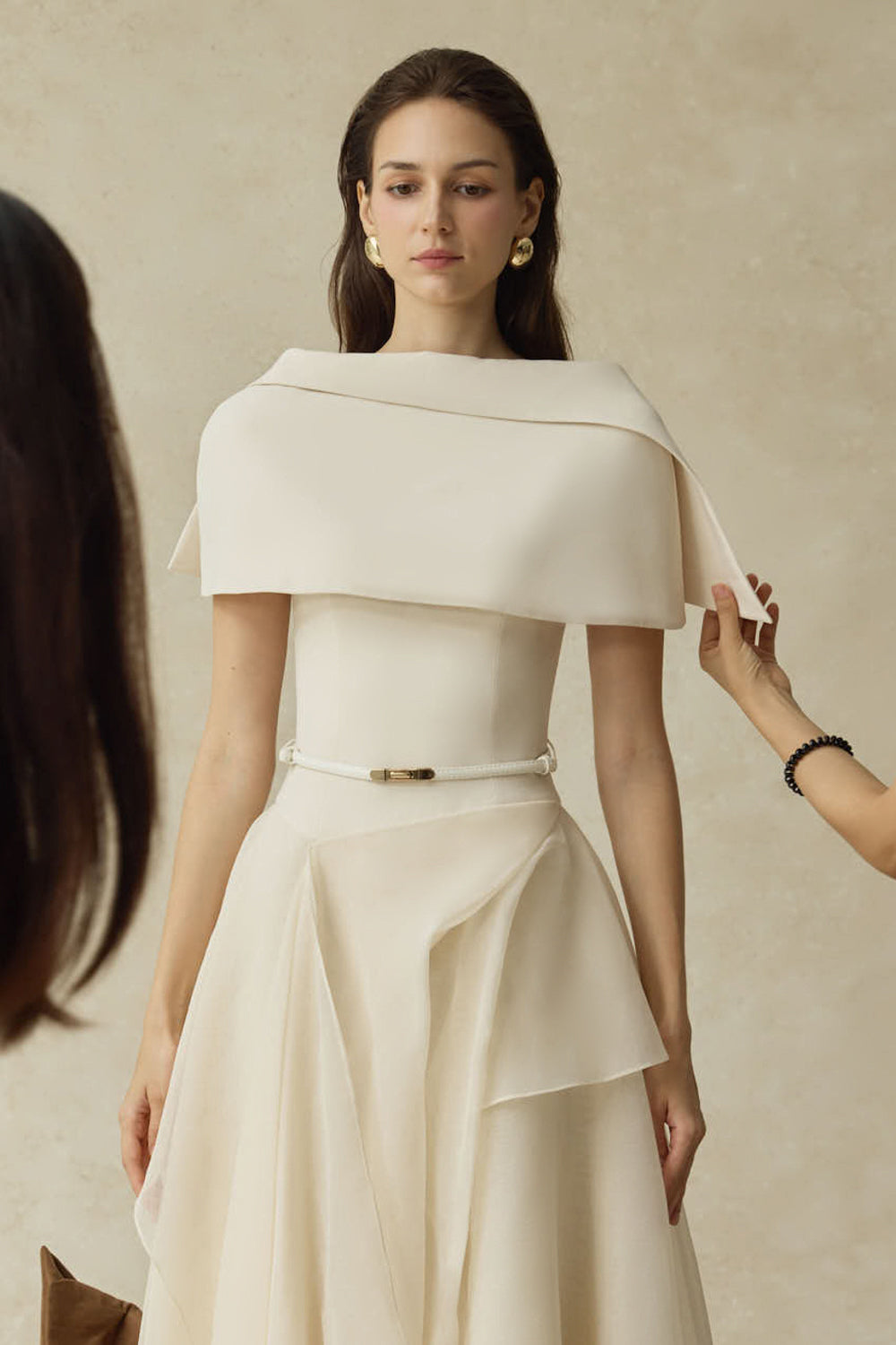 kelly beige Cape Sleeve Ruffle Midi Dress with belt