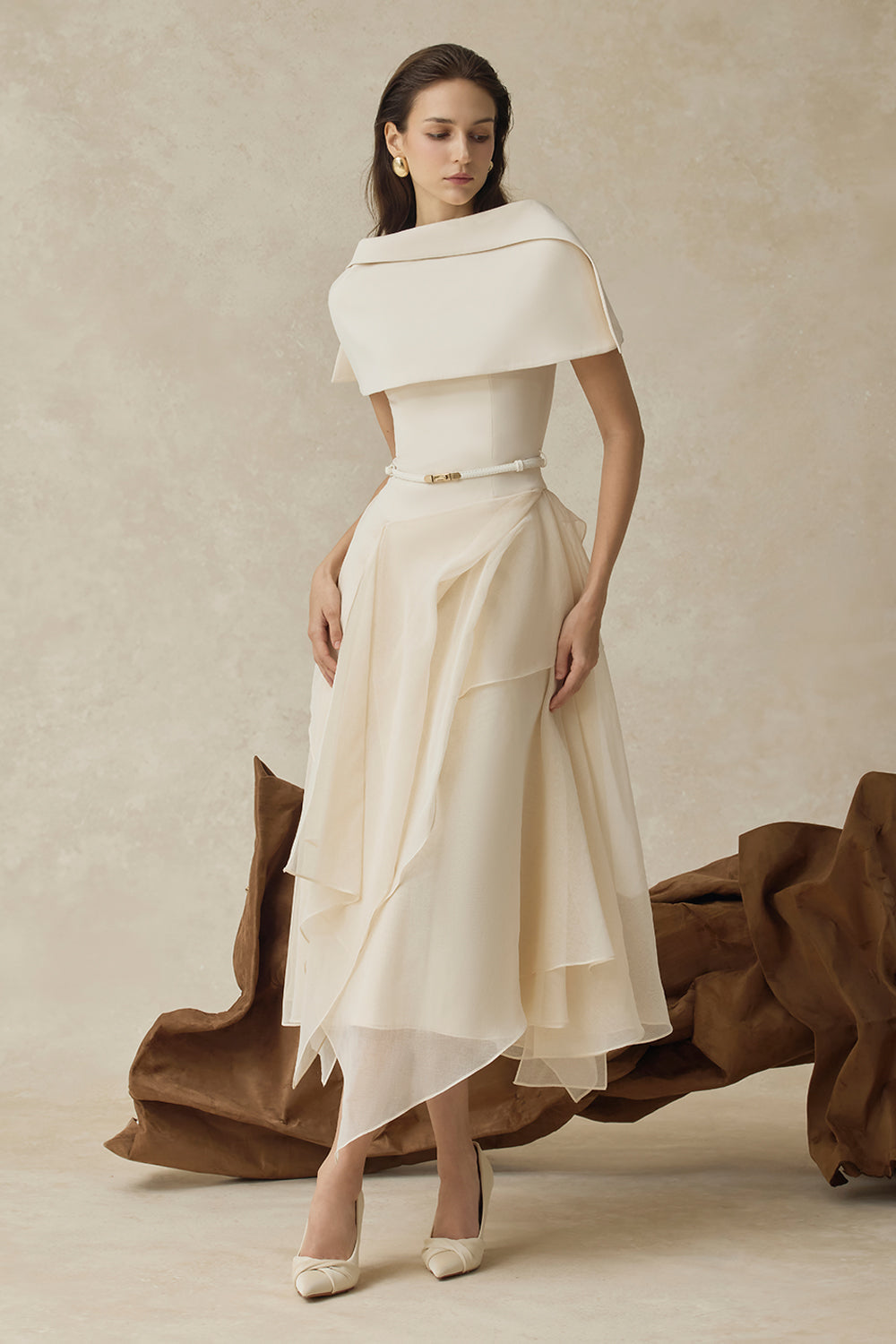 kelly beige Cape Sleeve Ruffle Midi Dress with belt