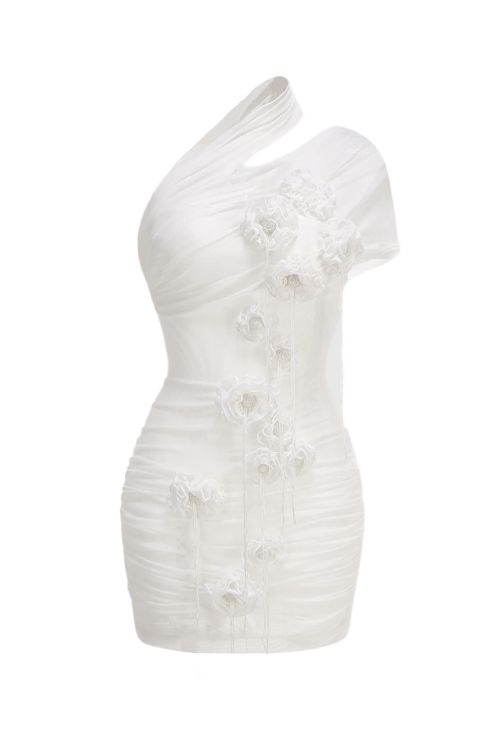 One Shoulder Floral Mesh Ruched Mini Dress