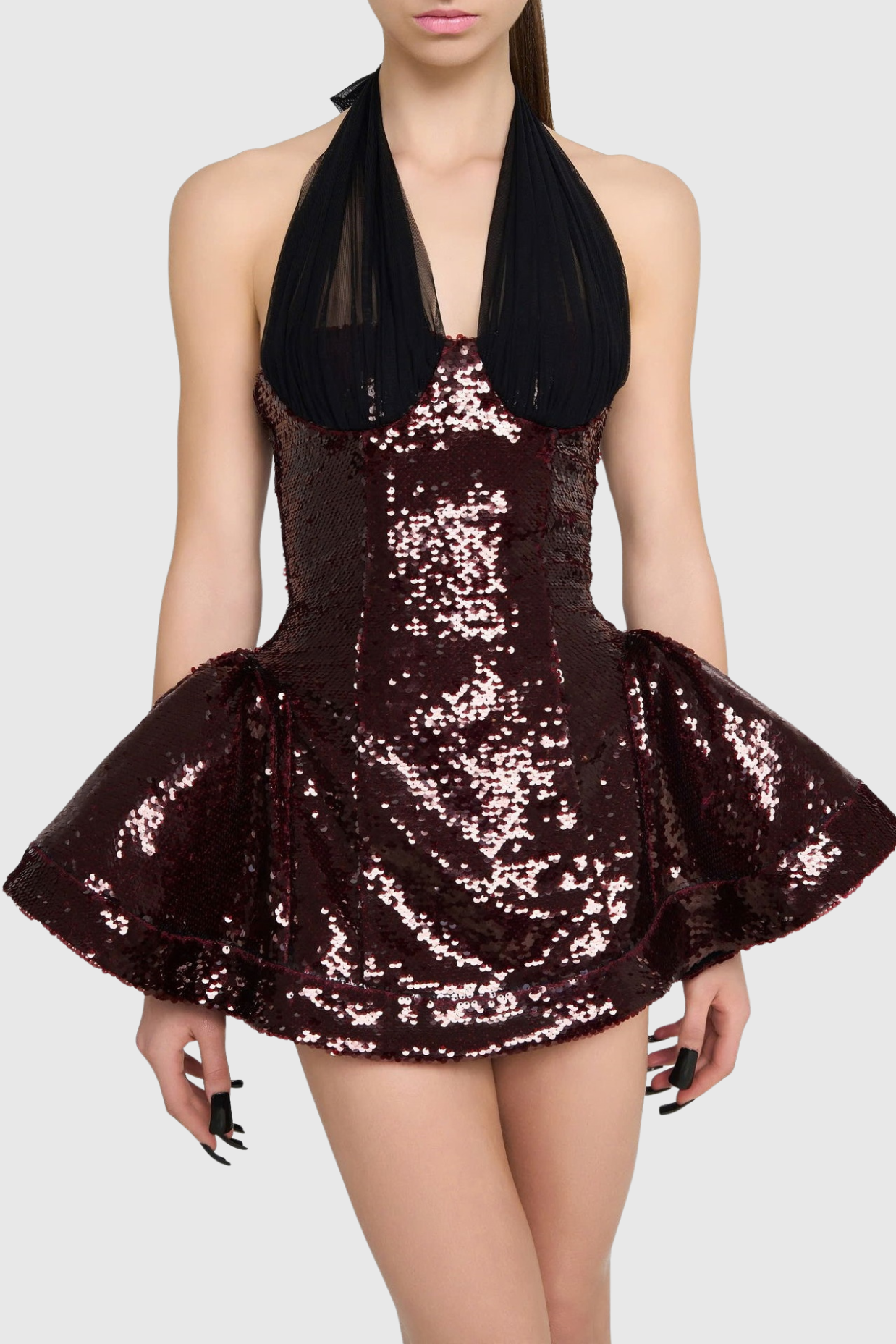 giselle sequin halter mini dress in merlot