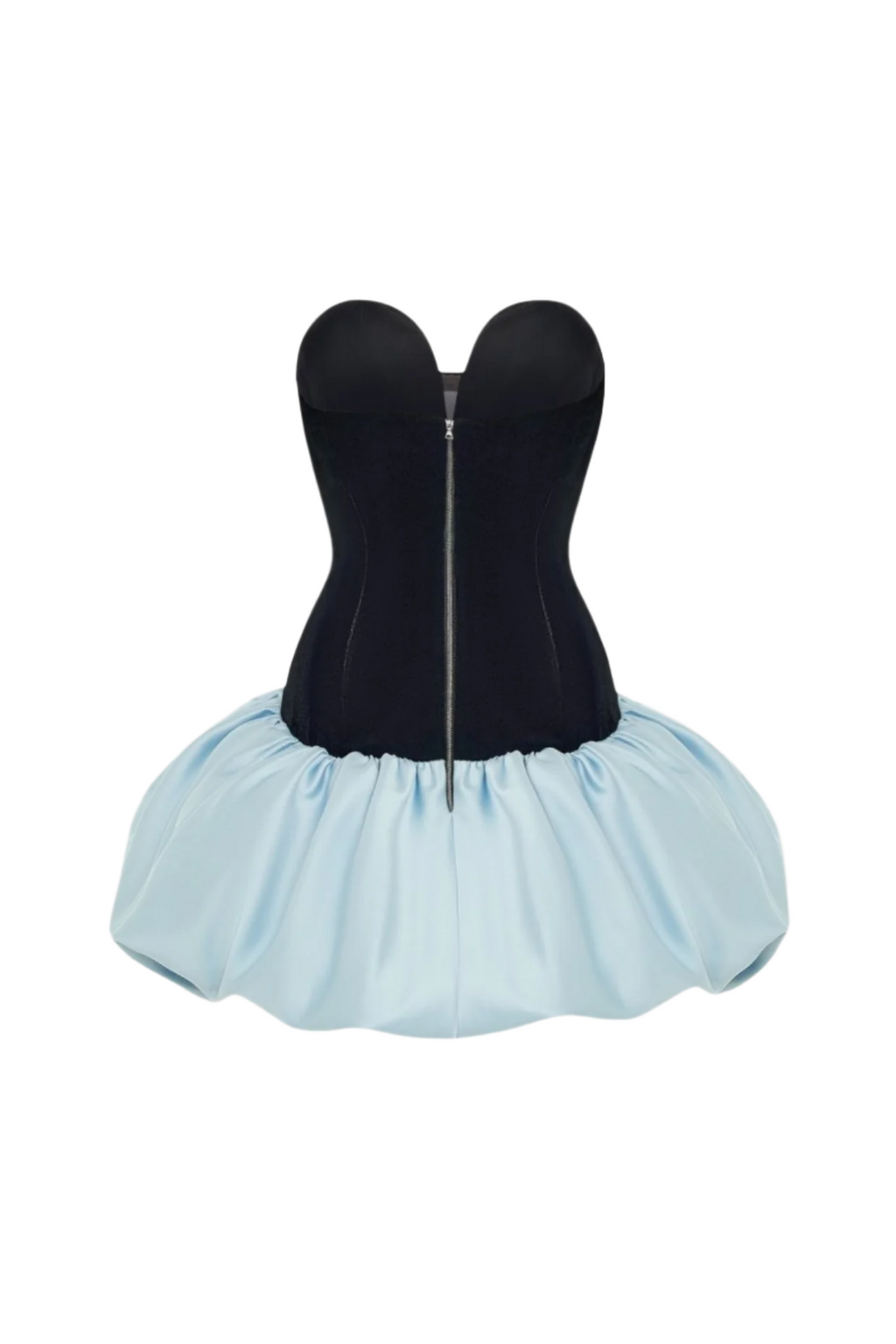 Stanski Strapless Velvet Bow Puffy Satin Mini Dress