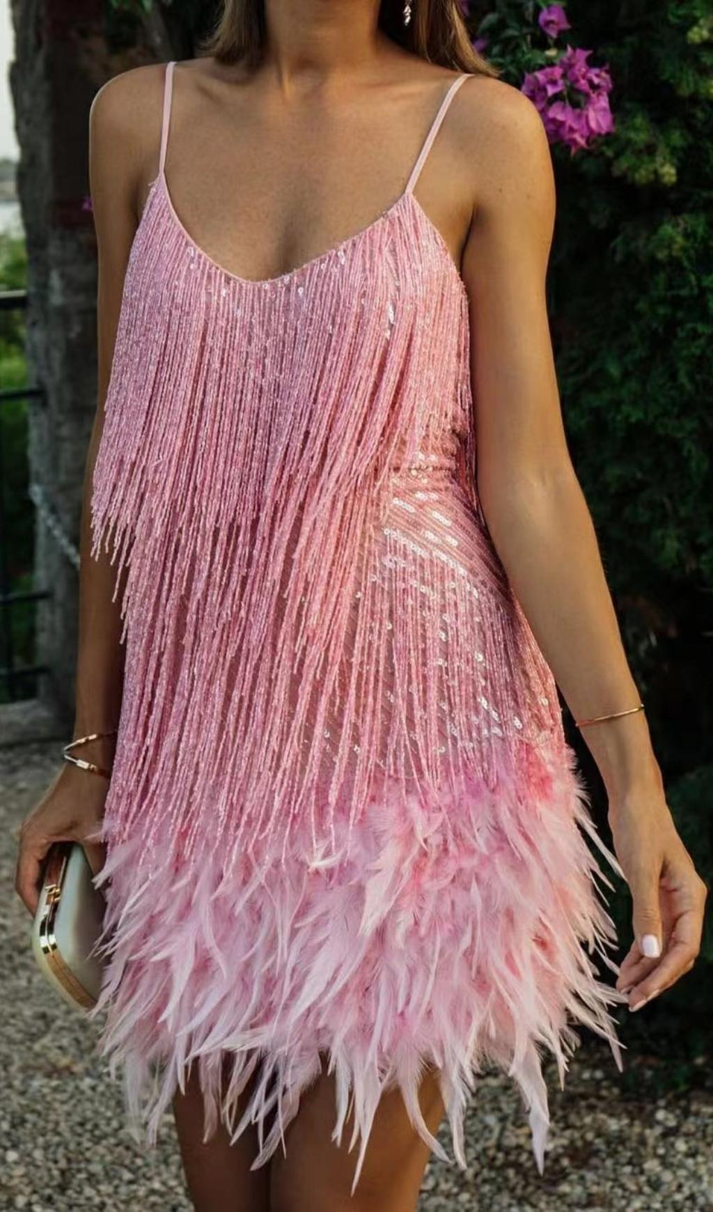 PINK TASSEL FEATHER MINI DRESS