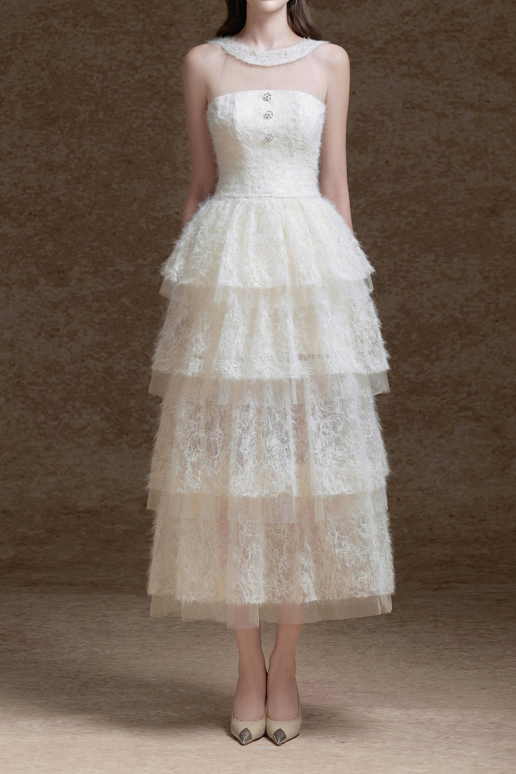 alison mesh stitching layer dress in white