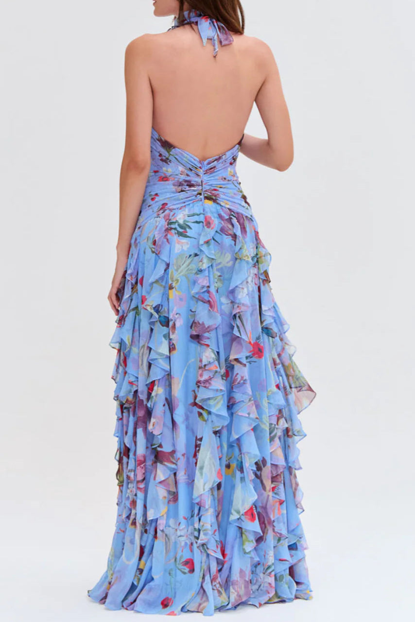 Floral Halter Ruffle Tulle Maxi Dress in Blue
