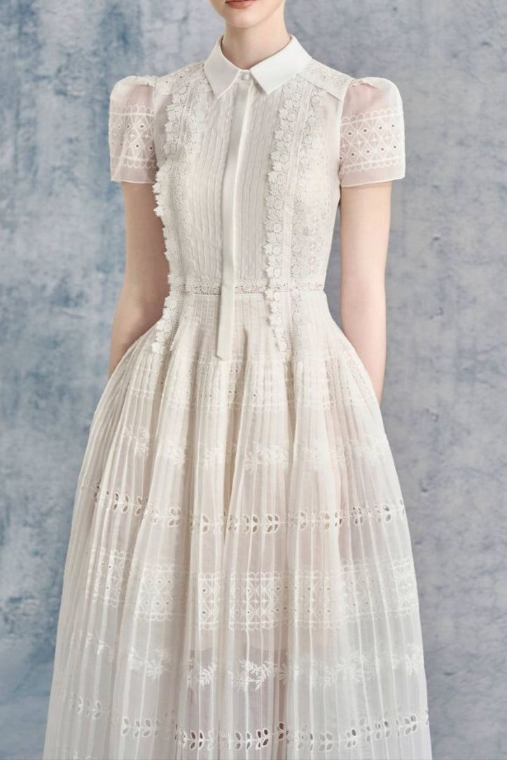 Lace hollow embroidery midi dress in apricot