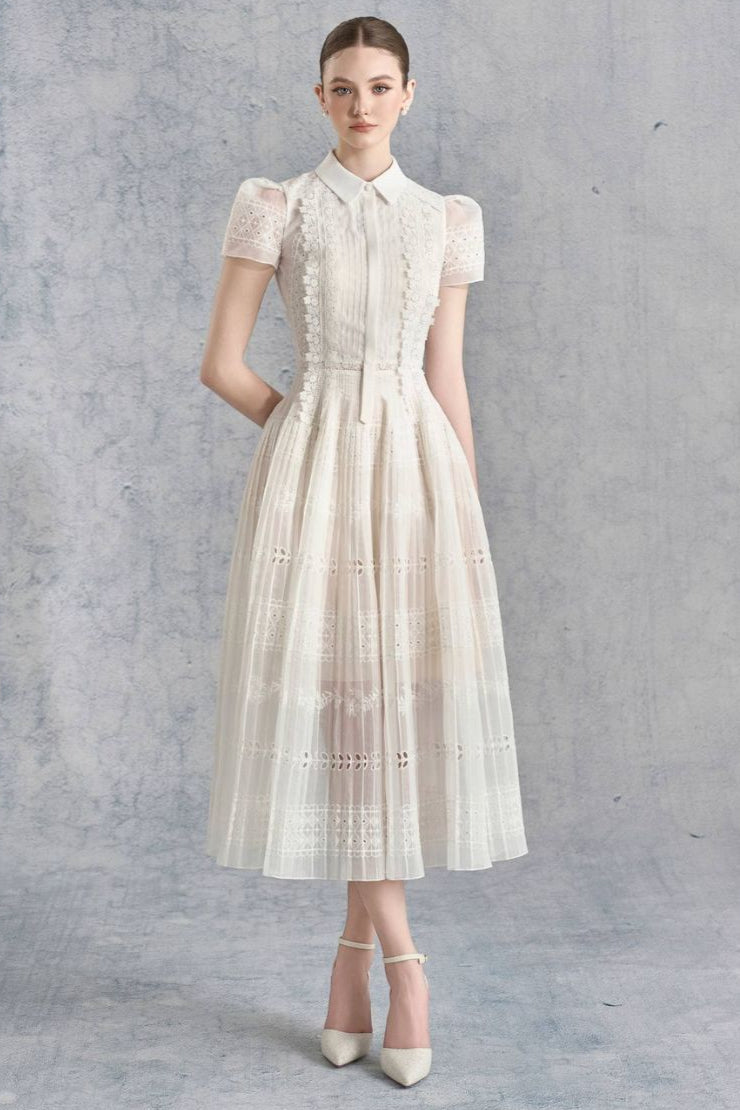 Lace hollow embroidery midi dress in apricot