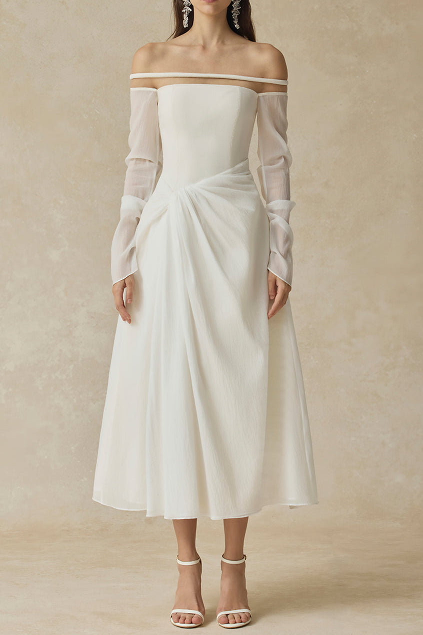 judith off-shoulder A-line Voile Midi Dress in white