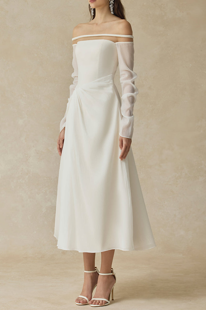 judith off-shoulder A-line Voile Midi Dress in white