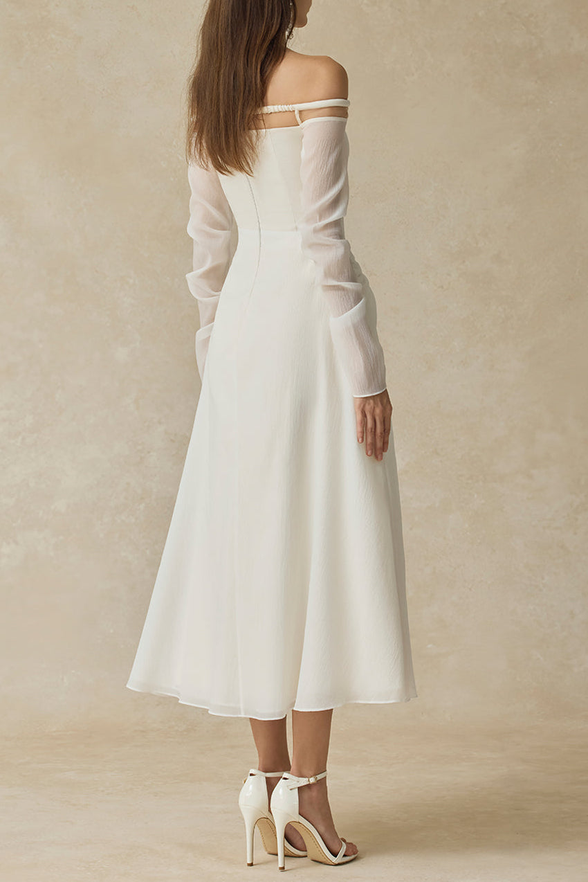 judith off-shoulder A-line Voile Midi Dress in white