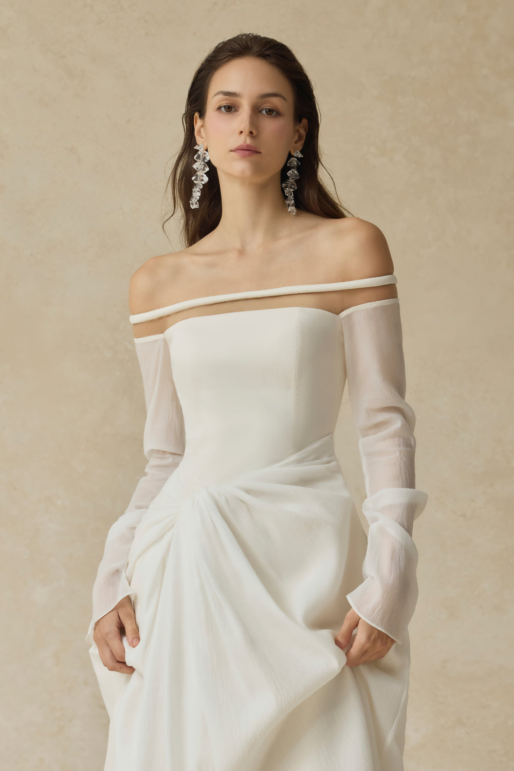 judith off-shoulder A-line Voile Midi Dress in white