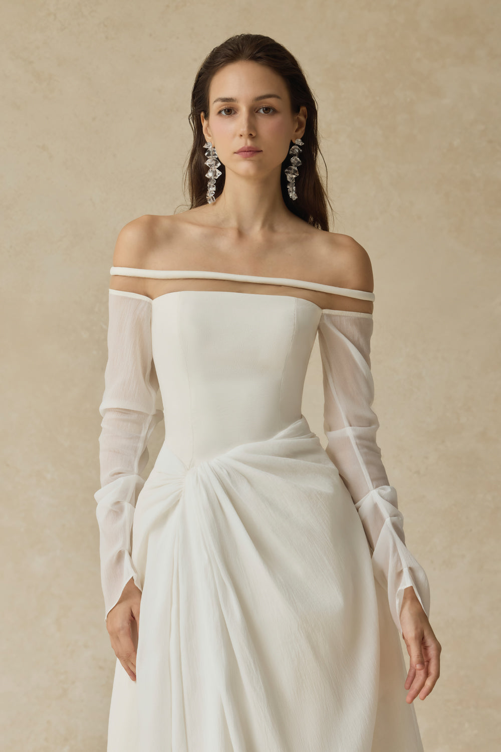 judith off-shoulder A-line Voile Midi Dress in white