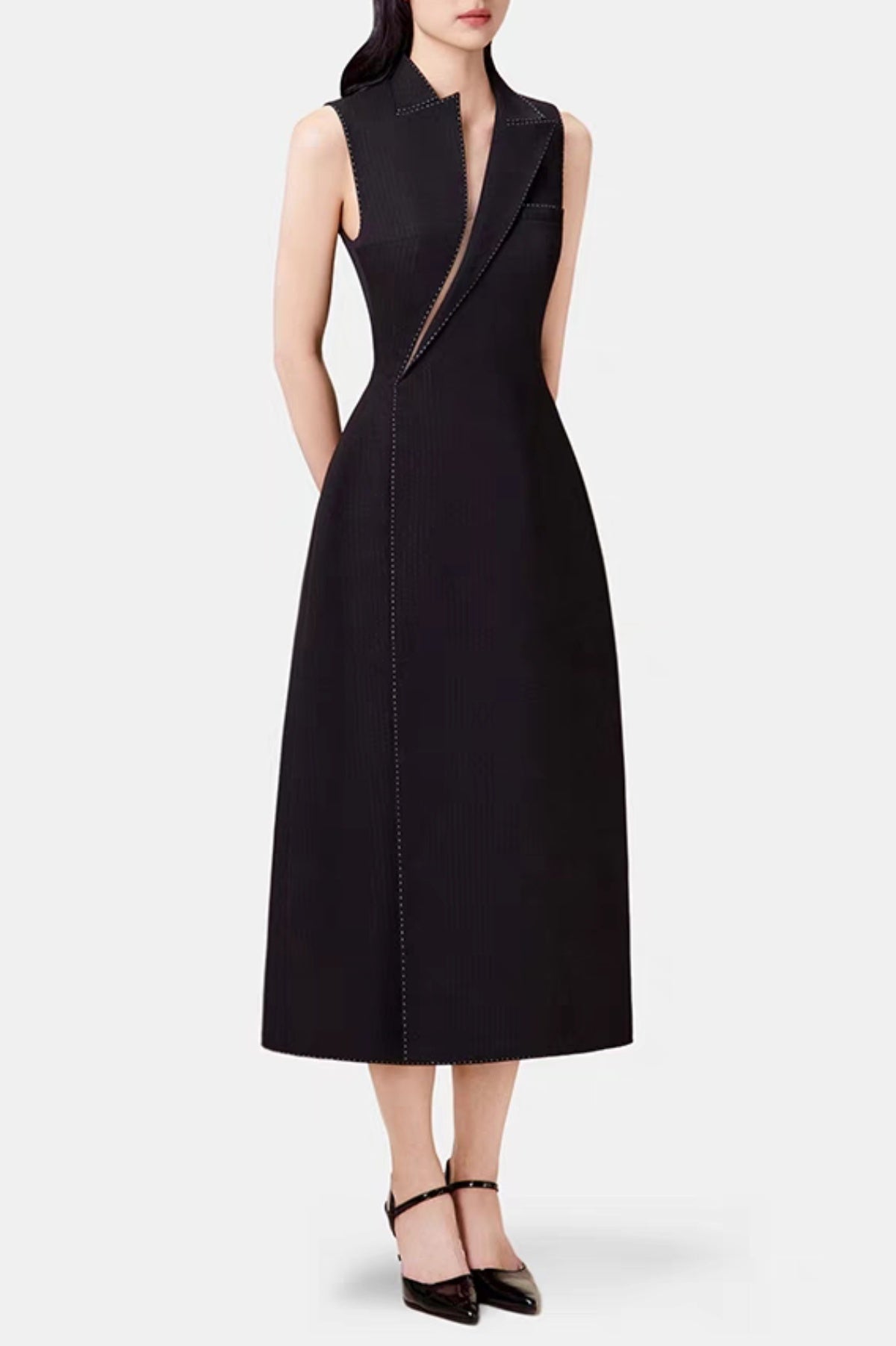 Asymmetric Collar Sleeveless Midi Dress - Black