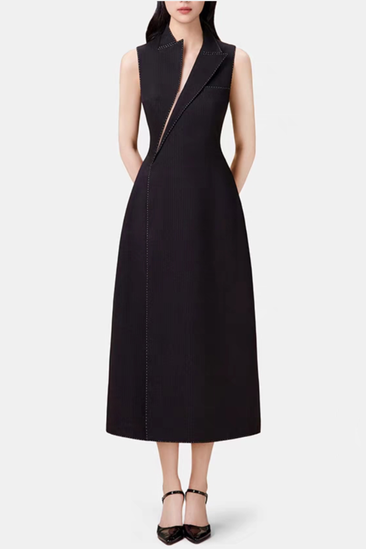 Asymmetric Collar Sleeveless Midi Dress - Black