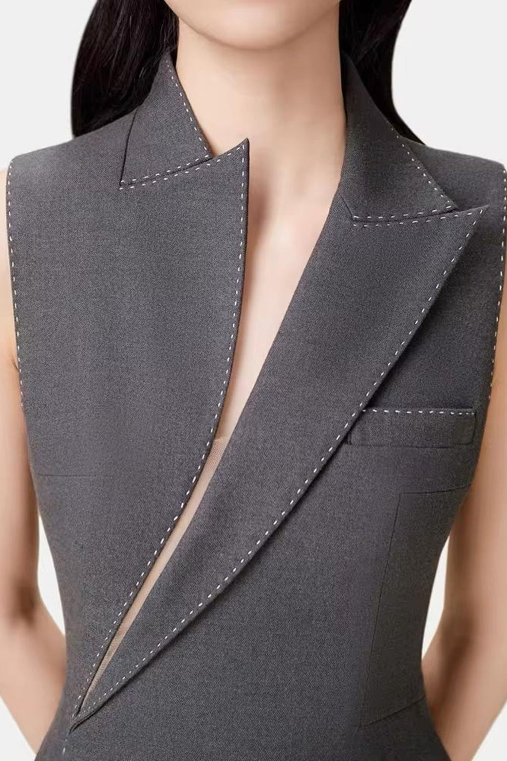 Asymmetric Collar Sleeveless Midi Dress - Grey