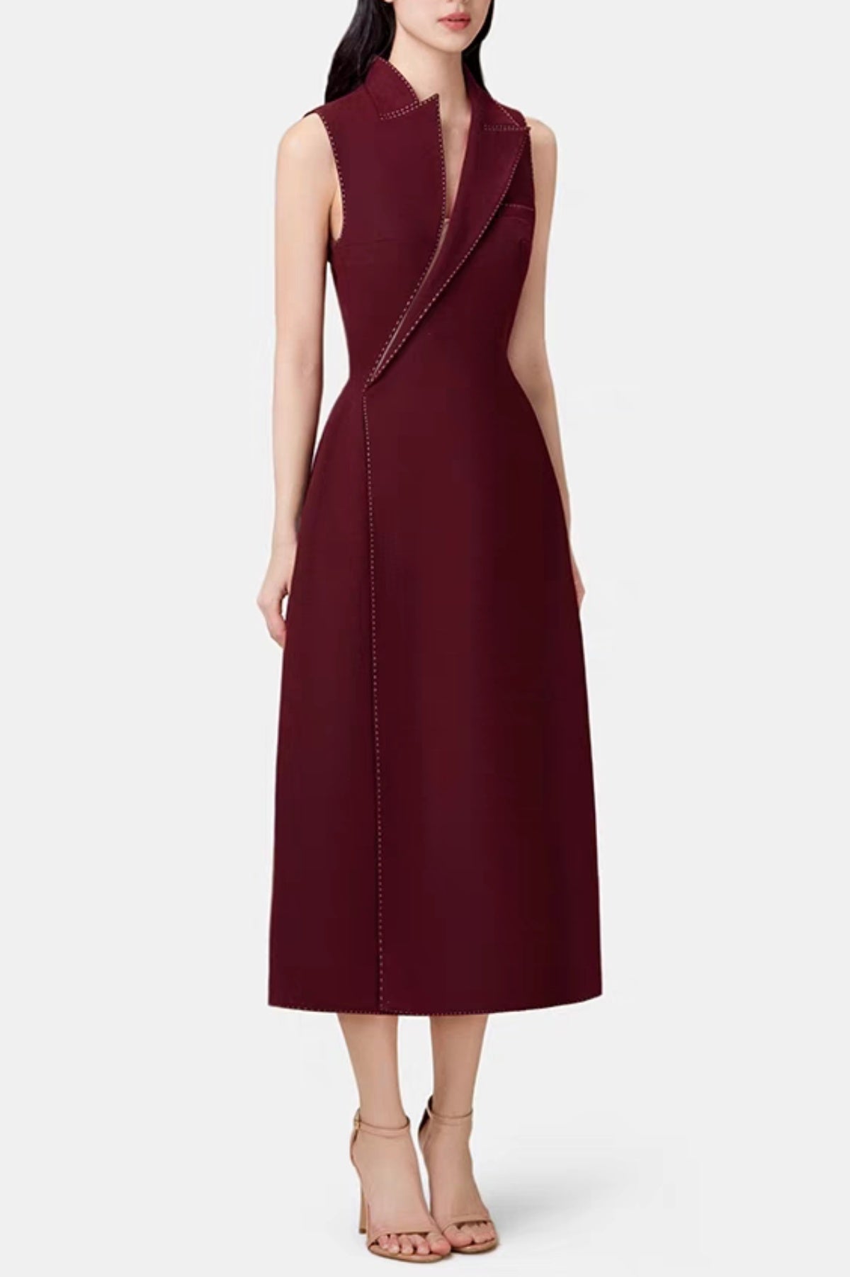 Asymmetric Collar Sleeveless Midi Dress - Wine