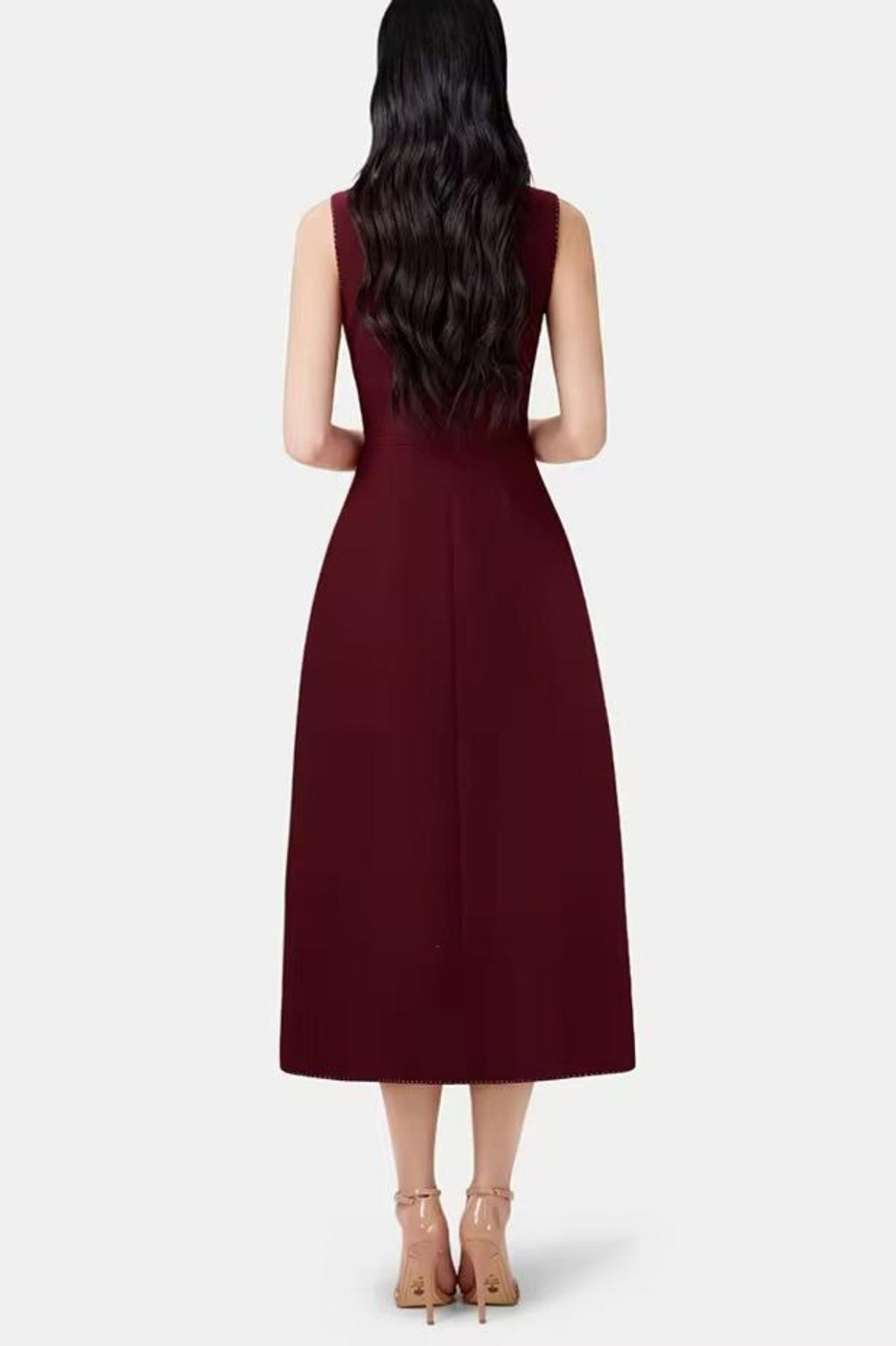 Asymmetric Collar Sleeveless Midi Dress - Wine
