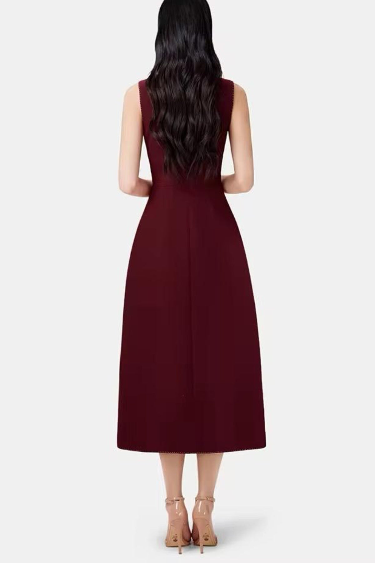 Asymmetric Collar Sleeveless Midi Dress - Wine