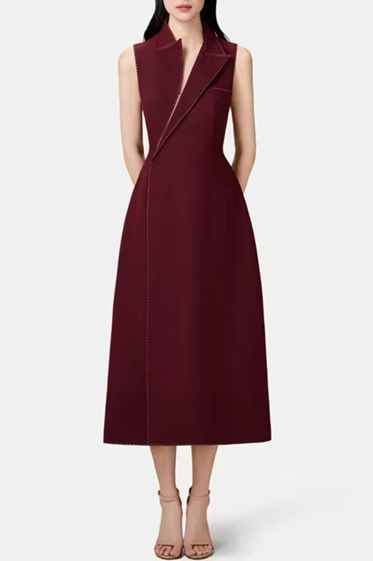Asymmetric Collar Sleeveless Midi Dress - Wine