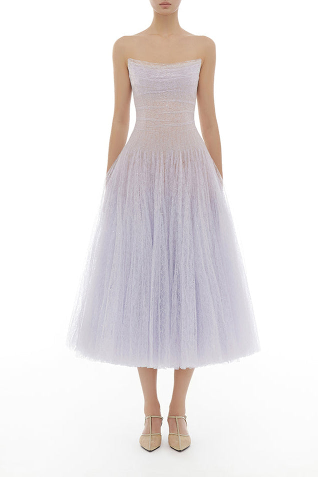 VIOLET DRAPED LACE MIDI DRESS