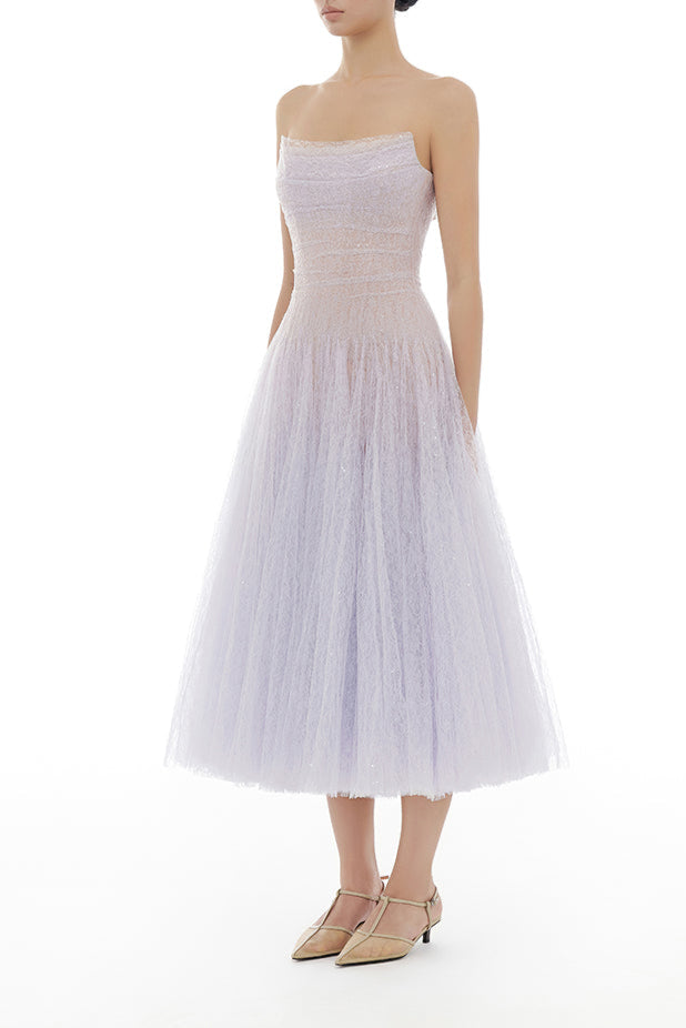 VIOLET DRAPED LACE MIDI DRESS