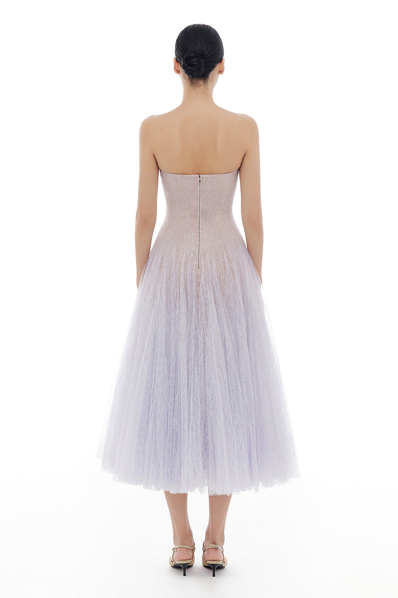 VIOLET DRAPED LACE MIDI DRESS