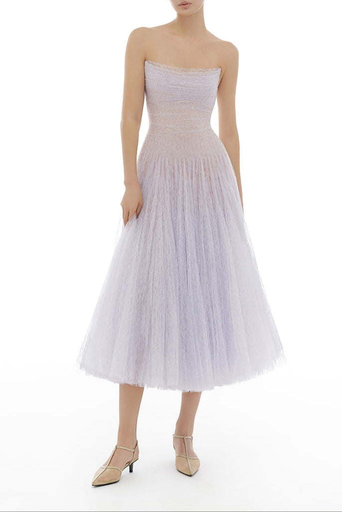 VIOLET DRAPED LACE MIDI DRESS