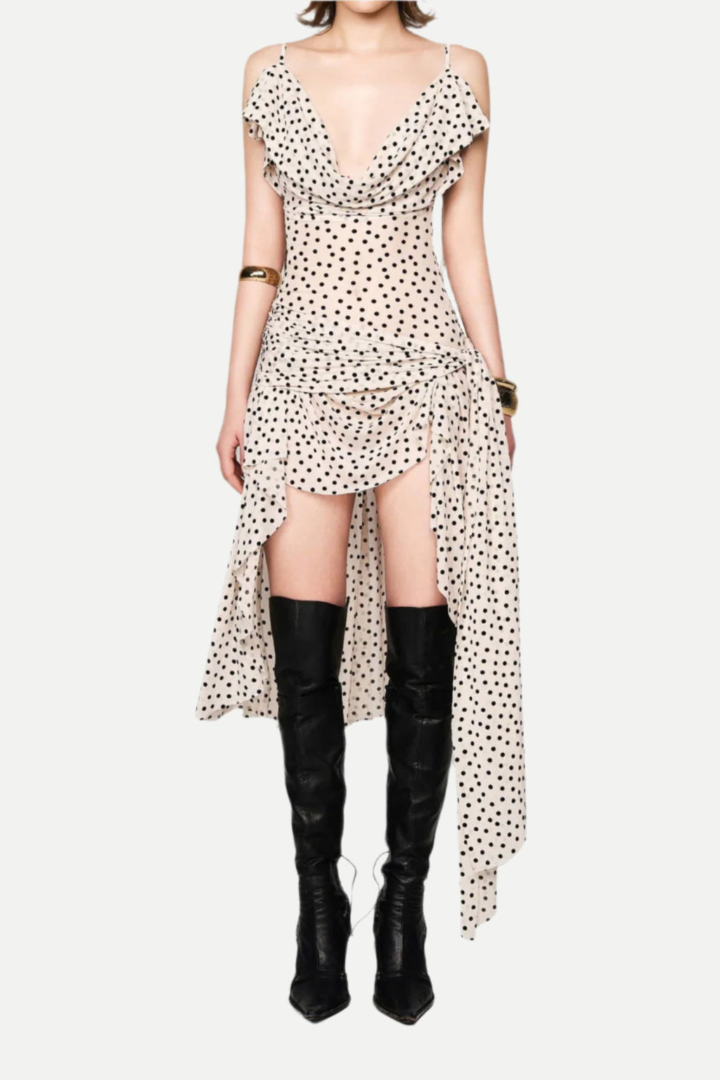 Polka dot sleeveless irregular hem midi dress in apricot