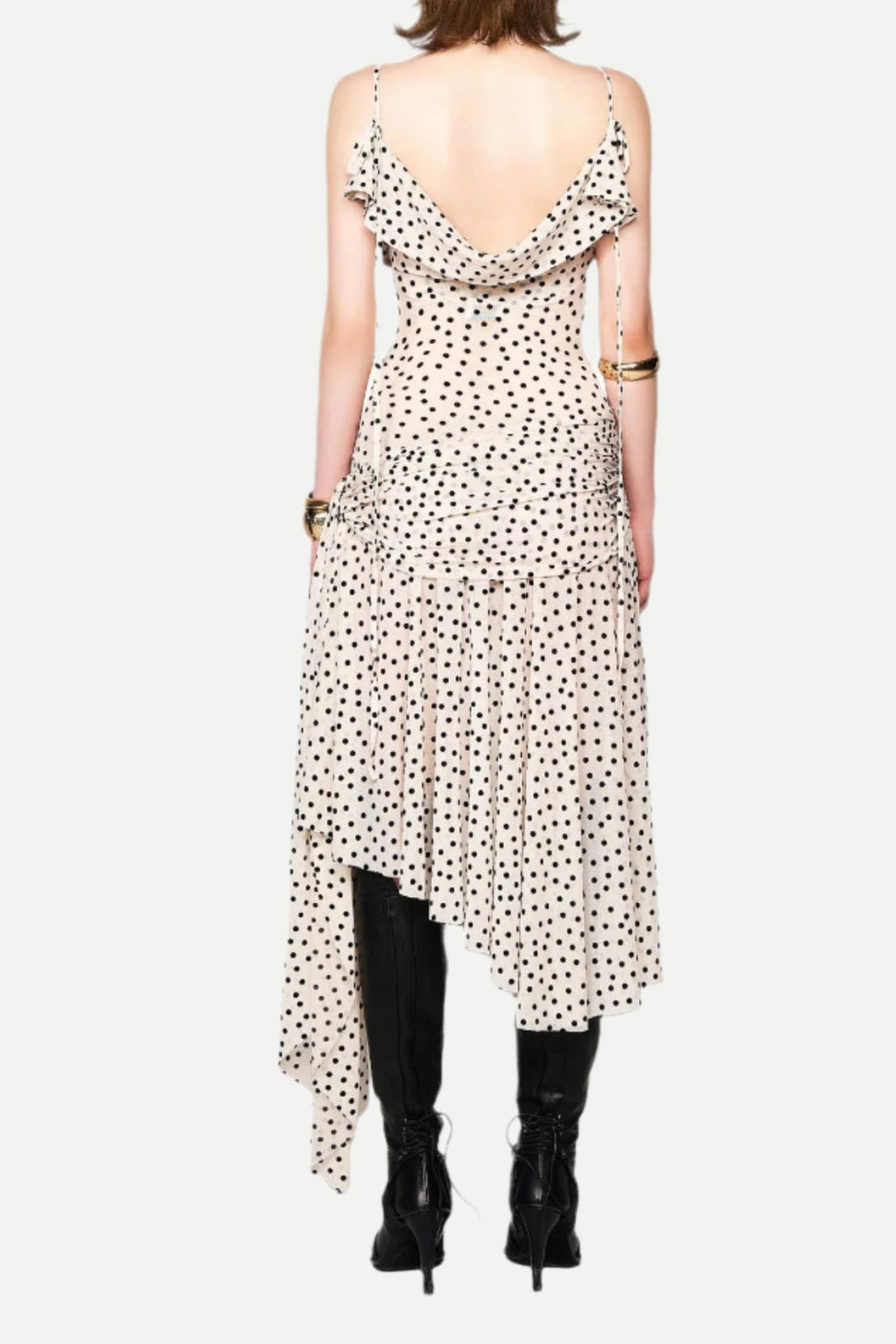 Polka dot sleeveless irregular hem midi dress in apricot