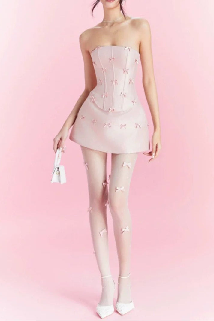 PINK BOW EMBELLISHED STRAPLESS MINI DRESS SET