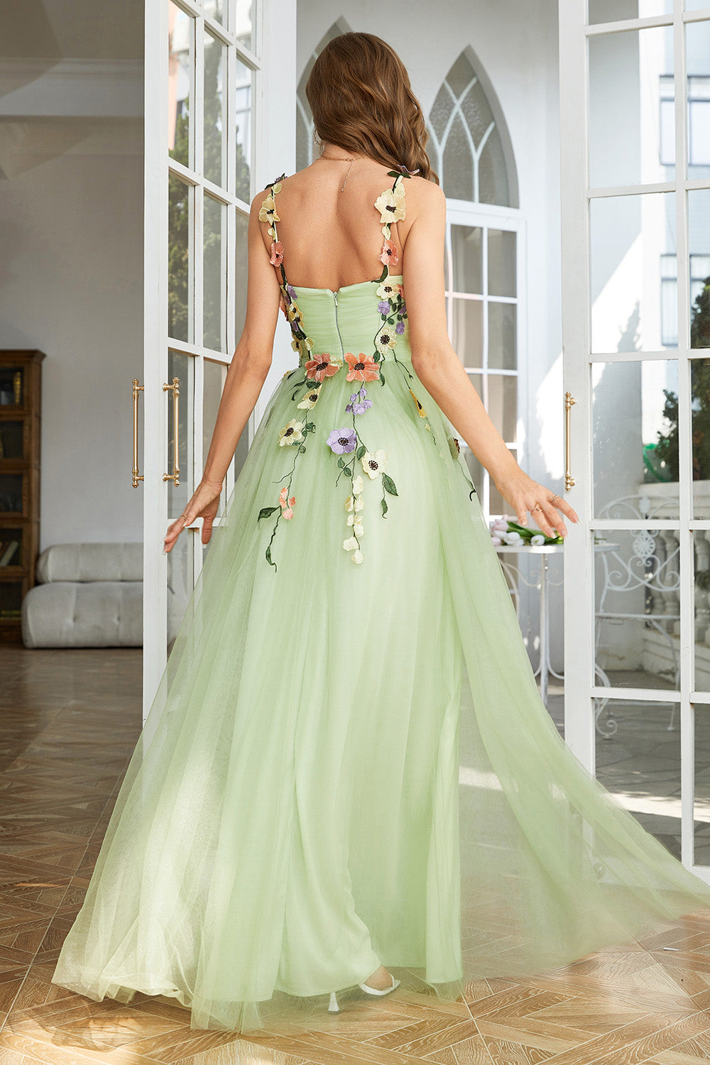 3D Flowers A Line Spaghetti Straps Green Prom Dress