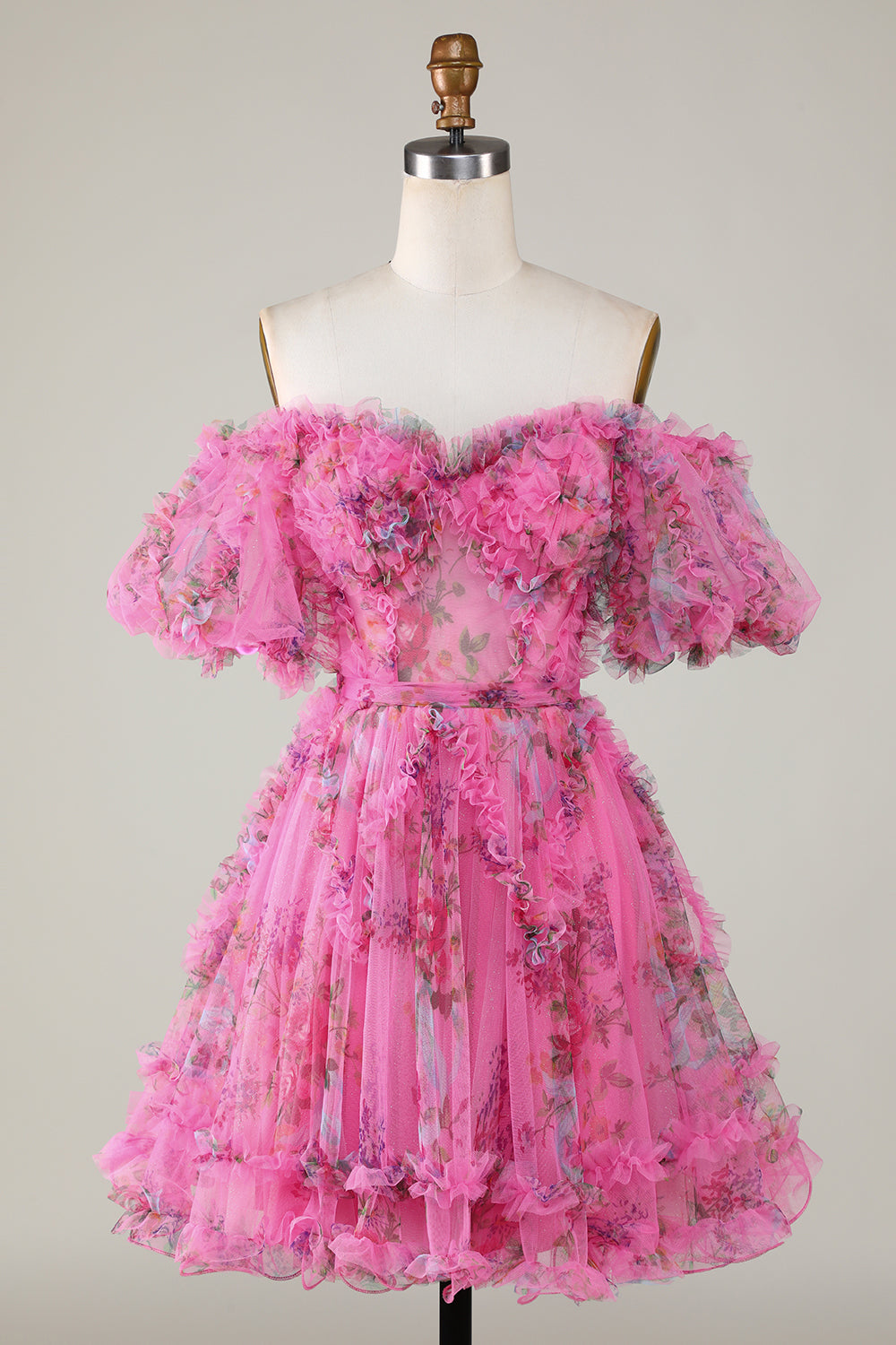 A Line Off Shoulder Fuchsia Tulle Short Homecoming Dress with Short Sleeves