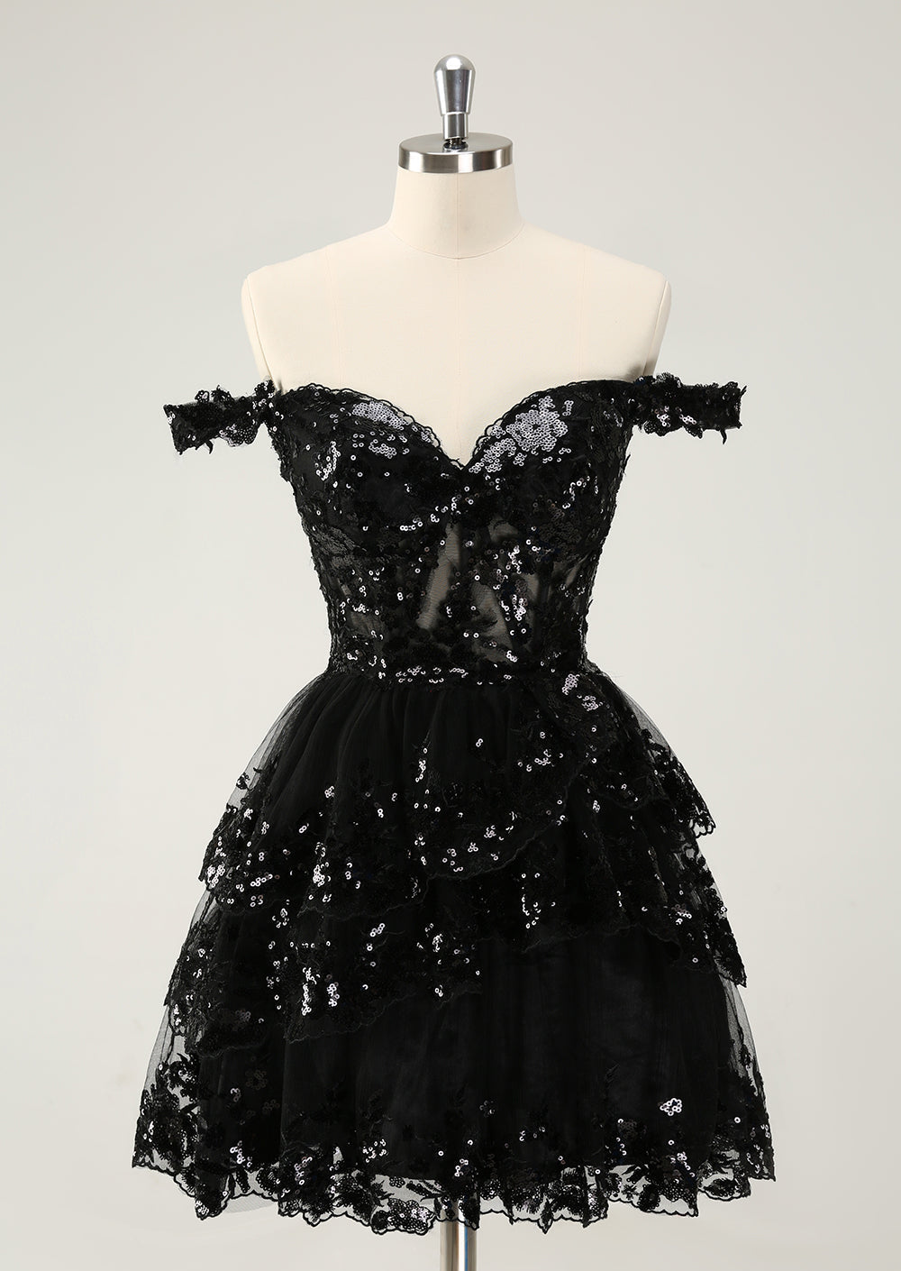 Sparkly Black A Line Off The Shoulder Corset Tiered Lace Short Homecoming Dress