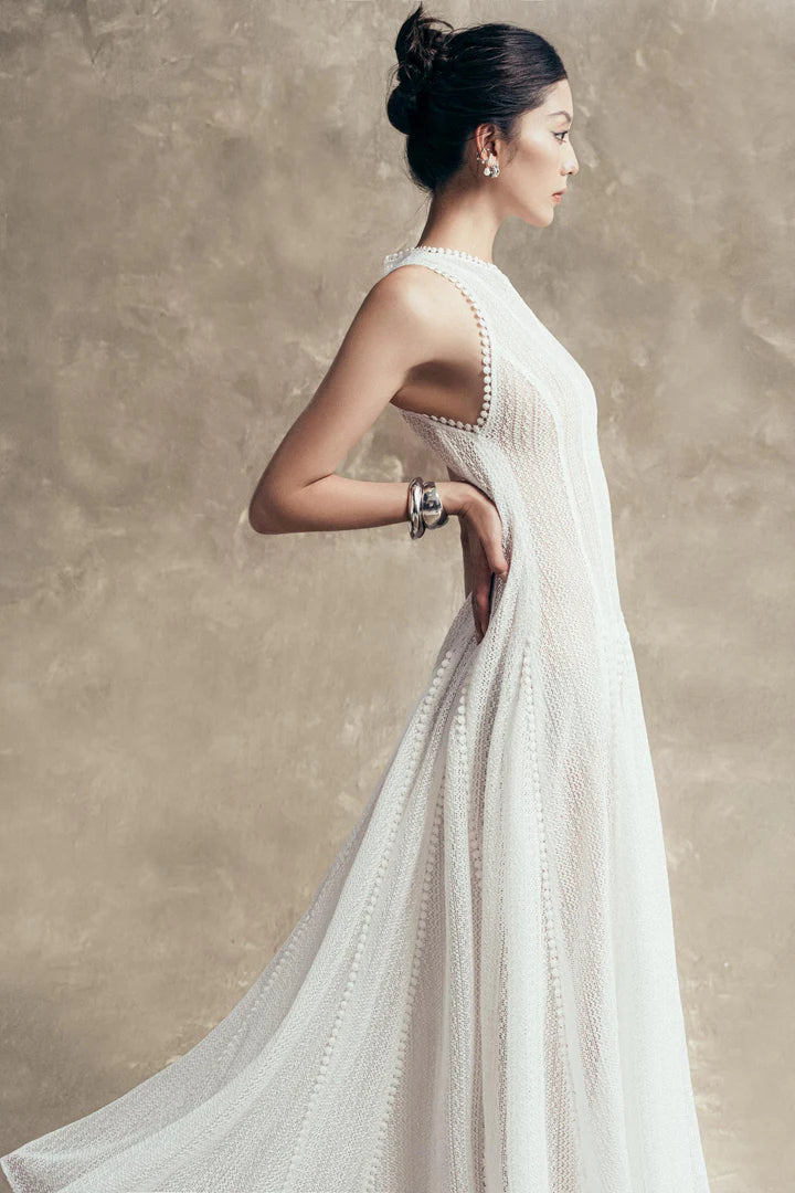 sleeveless lace crochet maxi dress in white