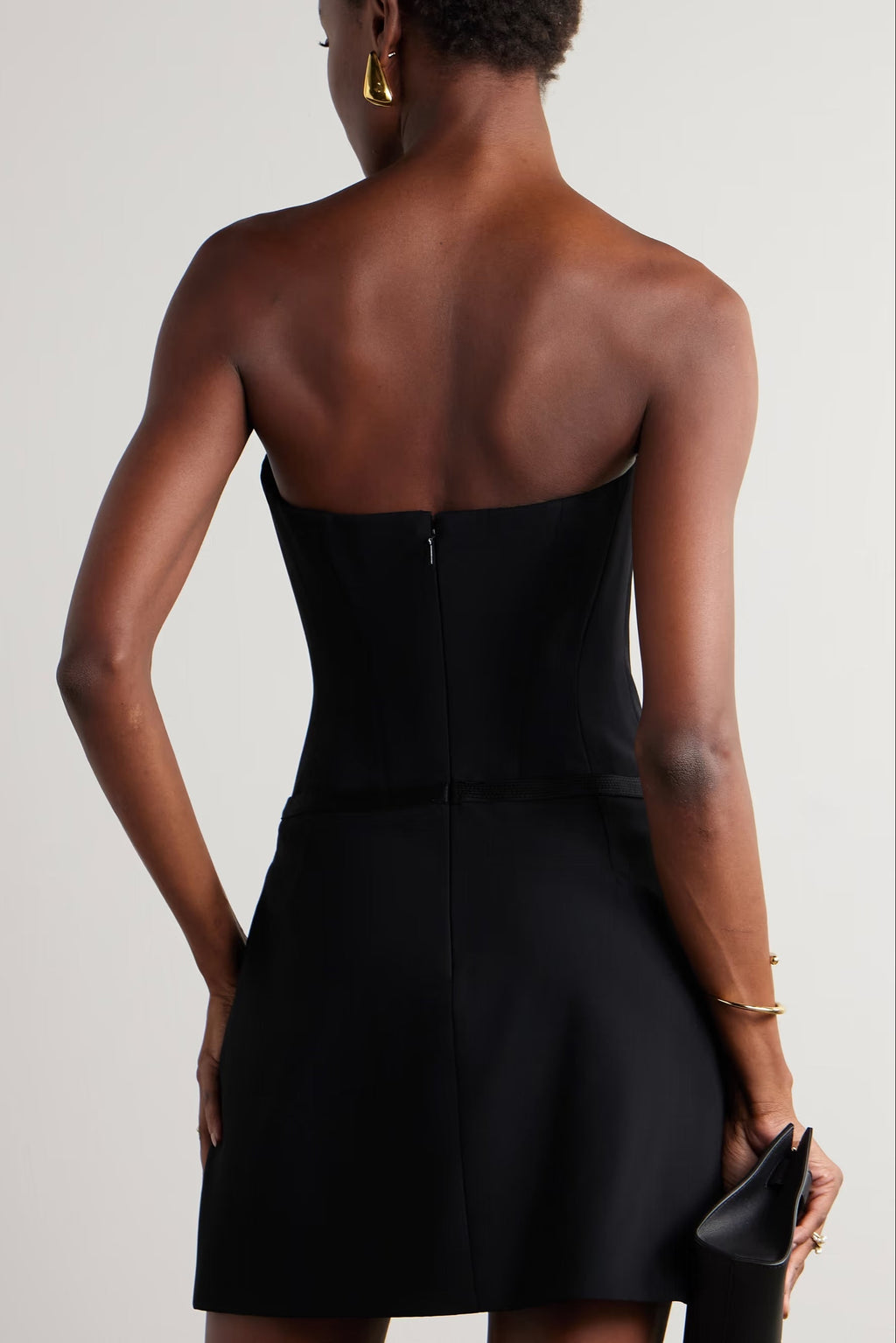 embellished strapless cady mini dress in black