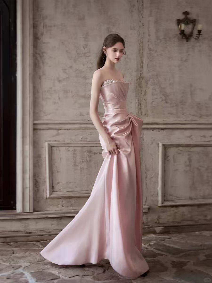 Mermaid Ruched Strapless Beading Pink Prom Dress