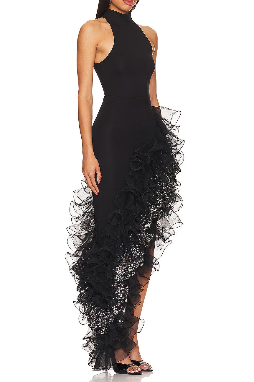 halter sleeveless Sequin Ruffle trim maxi dress in black